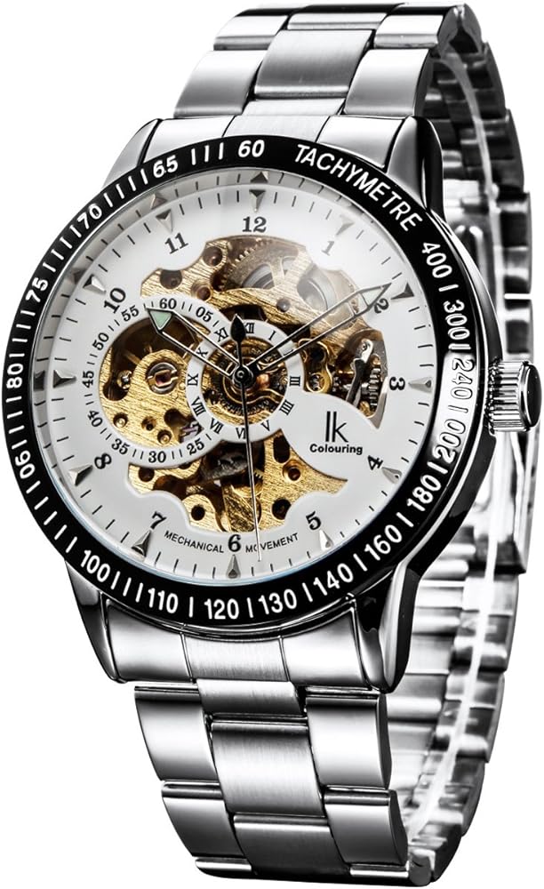 Alienwork IK Reloj Automático Hombre Mujer Plateado Pulsera de Metal Acero Blanco Esqueleto Fondo de Vidrio