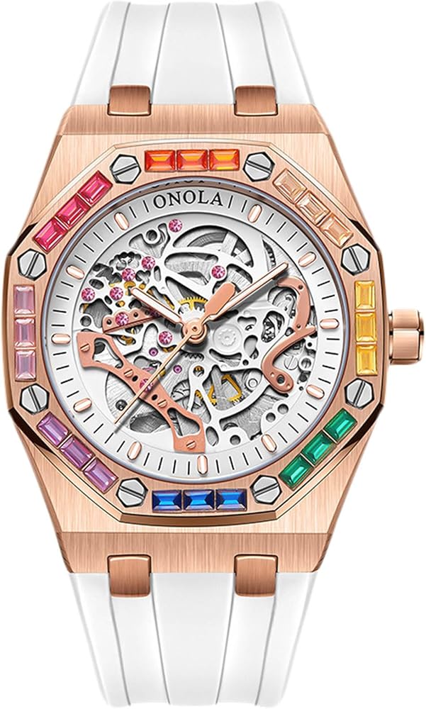 RORIOS Relojes de Pulsera para Hombres Automático Mecánico Reloj Esqueleto Impermeable Reloj Colorido Diamante Reloj Fresco Correa de Silicona Reloj
