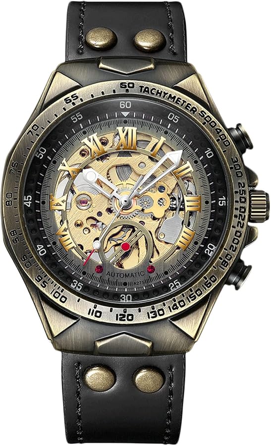 RORIOS Reloj Mecánico Automatico para Hombre Reloj de Pulsera Impermeable Luminoso Vintage Steampunk Reloj con Correa de Cuero para Casual