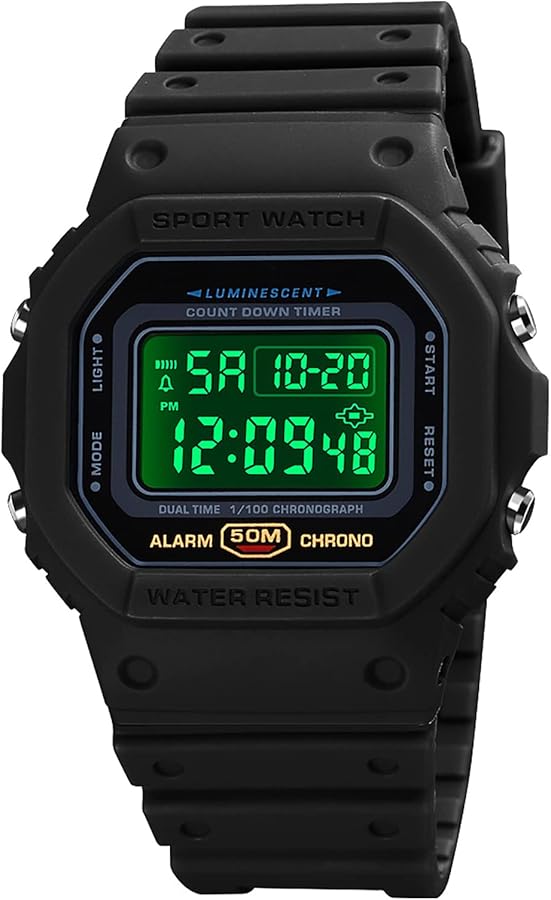 LASIEYO Reloj digital de cuarzo para hombre, con retroiluminación, resistente a golpes, reloj de pulsera cuadrado con alarma, cronómetro, cuenta atrás, Negro , Correa