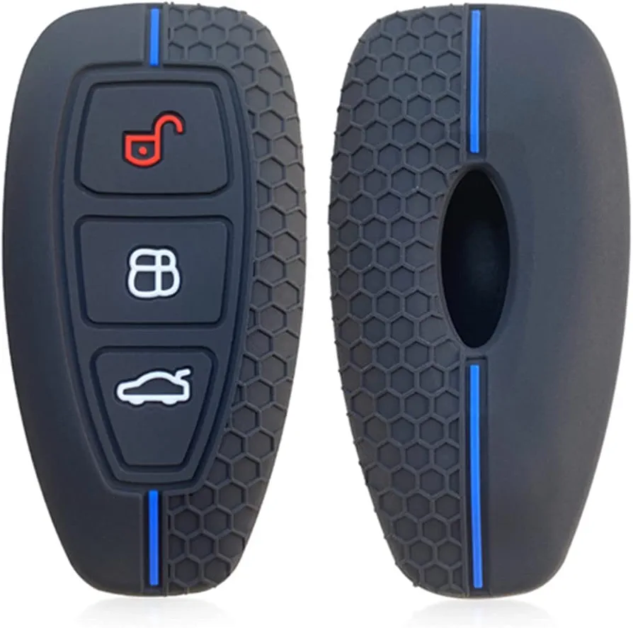 Otai Funda de Silicona para Llave de Coche Caso Compatible con Ford Focus Kuga Accesorios Soft Car Key Shell 3 Botones (Línea Azul Negra)