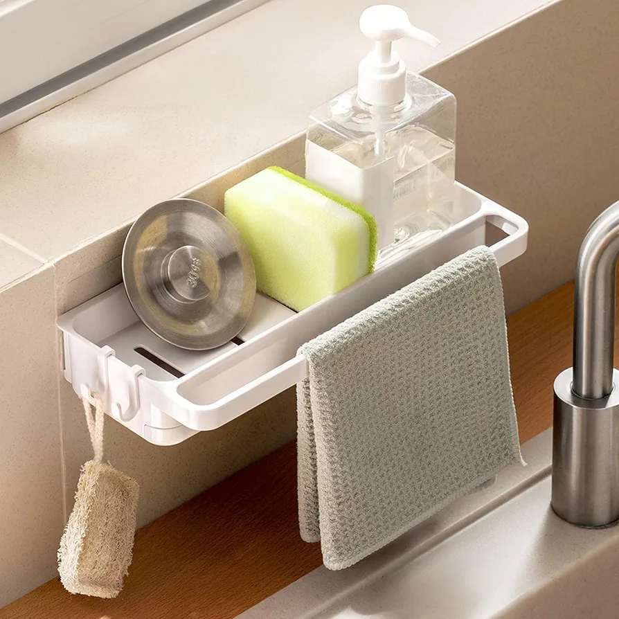 Organizador Fregadero Kitchen Sink Organizer Organizadores de Cocina Porta Estropajos Organizador Accesorios Fregadero Cocina con Ganchos y Soporte de Bayeta Estropajo para Esponja Cepillos