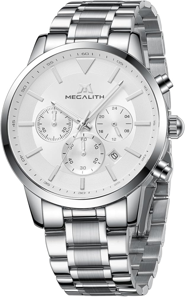 MEGALITH Acero Reloj Hombre Analógico Reloj Caballero Vestir Elegante Reloj Hombre de Pulsera Grande Esfera Cronógrafo Calendario Cuarzo Reloj Moda Clasico Casual Regalo