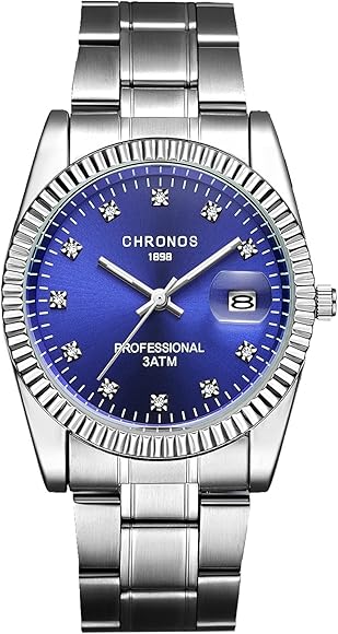 Relojes de Negocios para Hombres Reloj de Diamantes 30m Pulsera de Acero Inoxidable Resistente al Agua Reloj analógico de Cuarzo Azul
