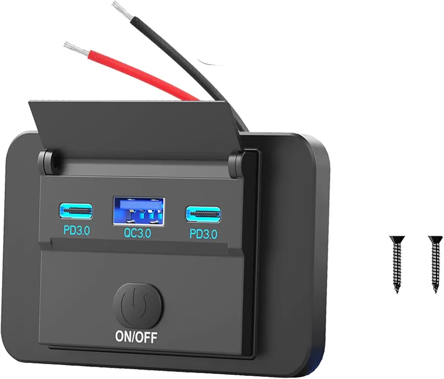 78W Toma USB 12VMontaje Superficial Ligero Doble USB C 30W y QC 3.0 18W Puerto USB del Coche, 12 Voltios USB Mechero Panel Cargador de Repuesto con Interruptor para Bus Marina Motocicleta