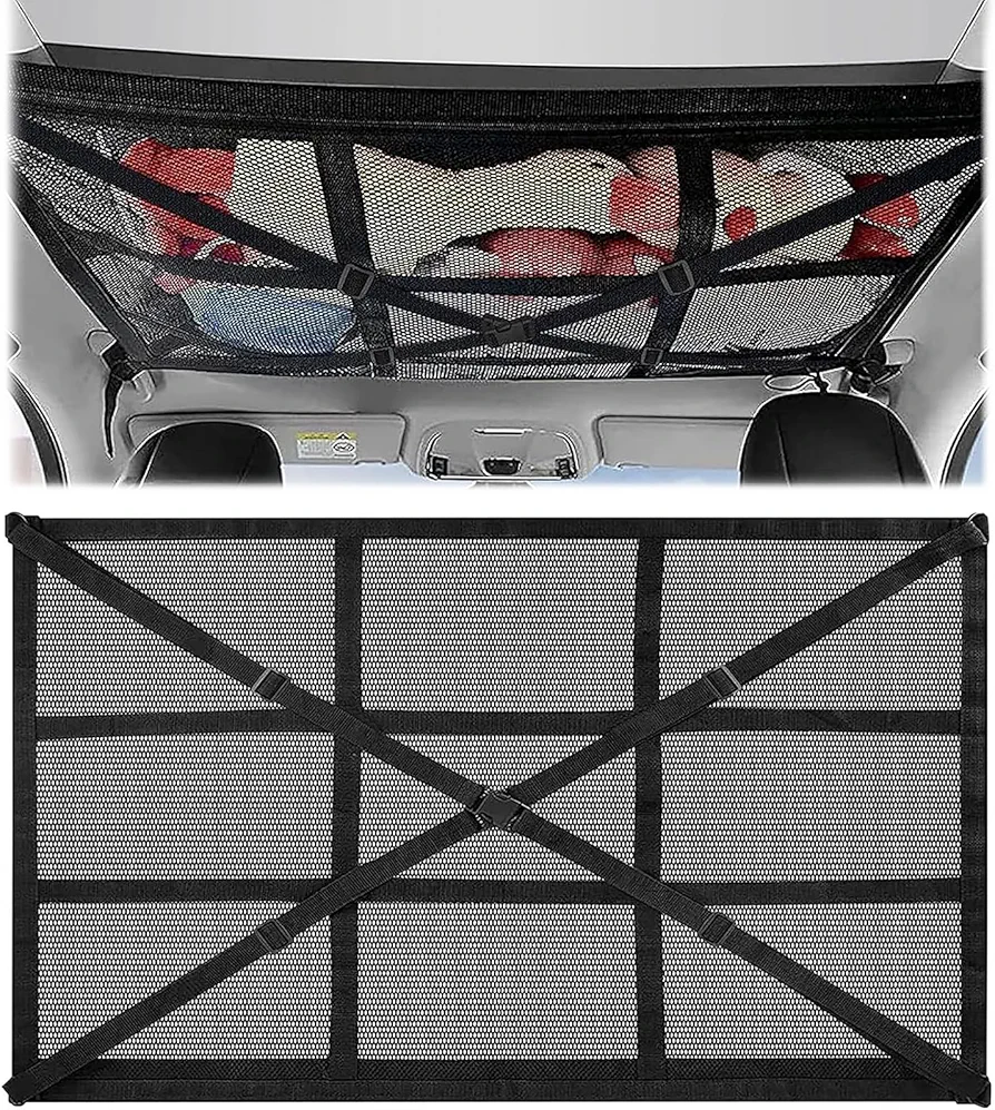 Red de equipaje para coche, gran capacidad, 90 × 65 cm, red de equipaje de doble capa, red para maletero con cremallera, accesorio para cuatro respaldos de techo SUV Jeep