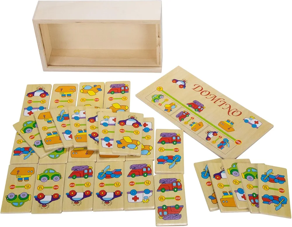 GICO Vehículos de dominó de madera para niños, niñas y adultos, para casa o como juego de viaje – 7968