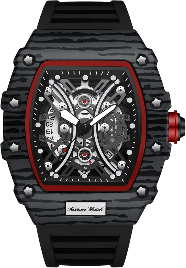 RORIOS Hombre Relojes Luminoso Deportivo Relojes Analogicos Cuarzo Reloj con Correa de Caucho Tonneau Esqueleto Reloj de Pulsera para Hombre