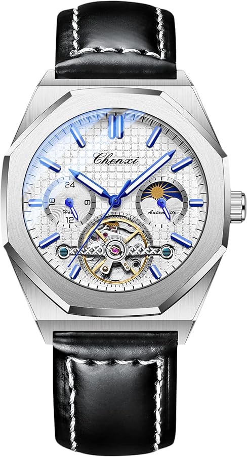 RORIOS Relojes Hombre Reloj Luminoso Automático Mecánico Relojes de Pulsera con Correa de Cuero Esqueleto Militar Reloj para Hombre