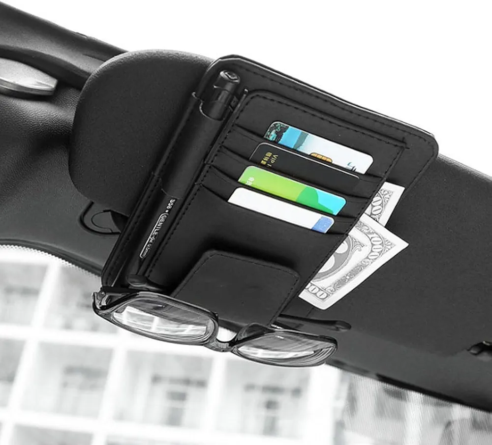 BZKSER 1 pcs Organizador para Visera de Coche,Car Accessories,Colgador de Gafas de Cuero para Visera de Coche con Bolsillos de Almacenaje Funda Universal para Visera de Coche Accesorios de Interior