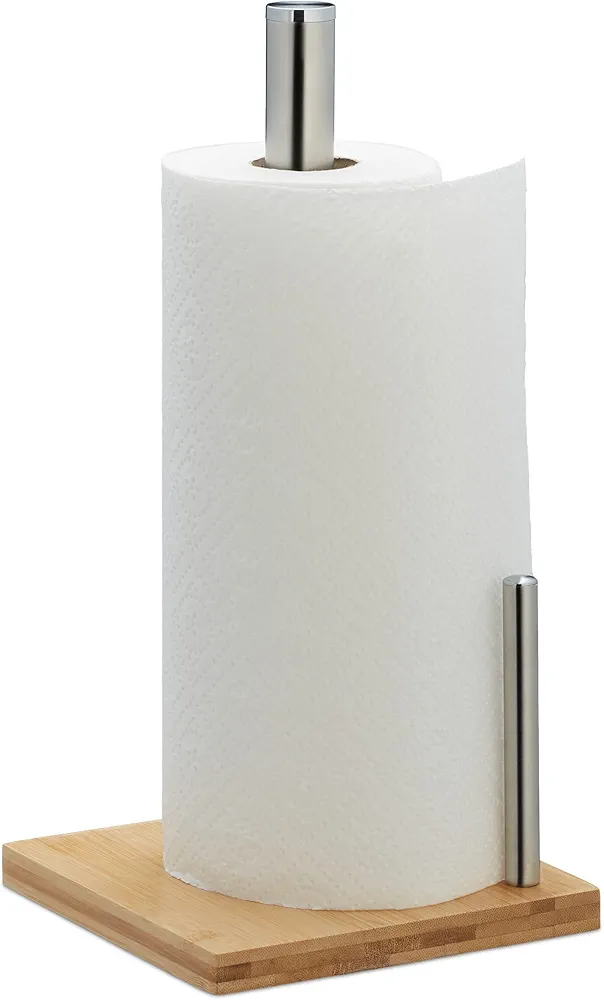 Relaxdays Portarrollos Cocina Vertical, Bambú, Acero Inoxidable, Soporte Rollos con Tope, 33x16x16 cm, Natural/Plateado