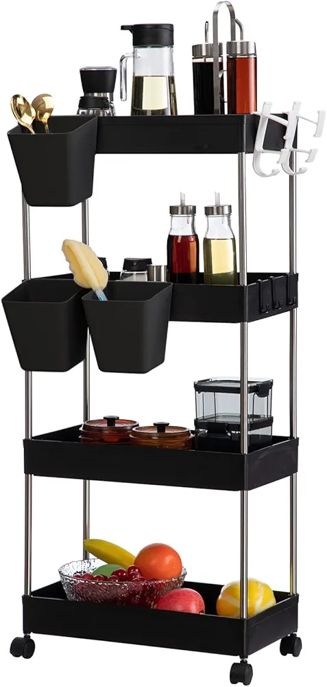 DOEWORKS Carrito de Almacenamiento Carrito Cocina con Tazas Colgantes, Carro de Servicios de 4 Niveles Carro Rodante con Ruedas para Cocina Baño Dormitorio Oficina, Negro