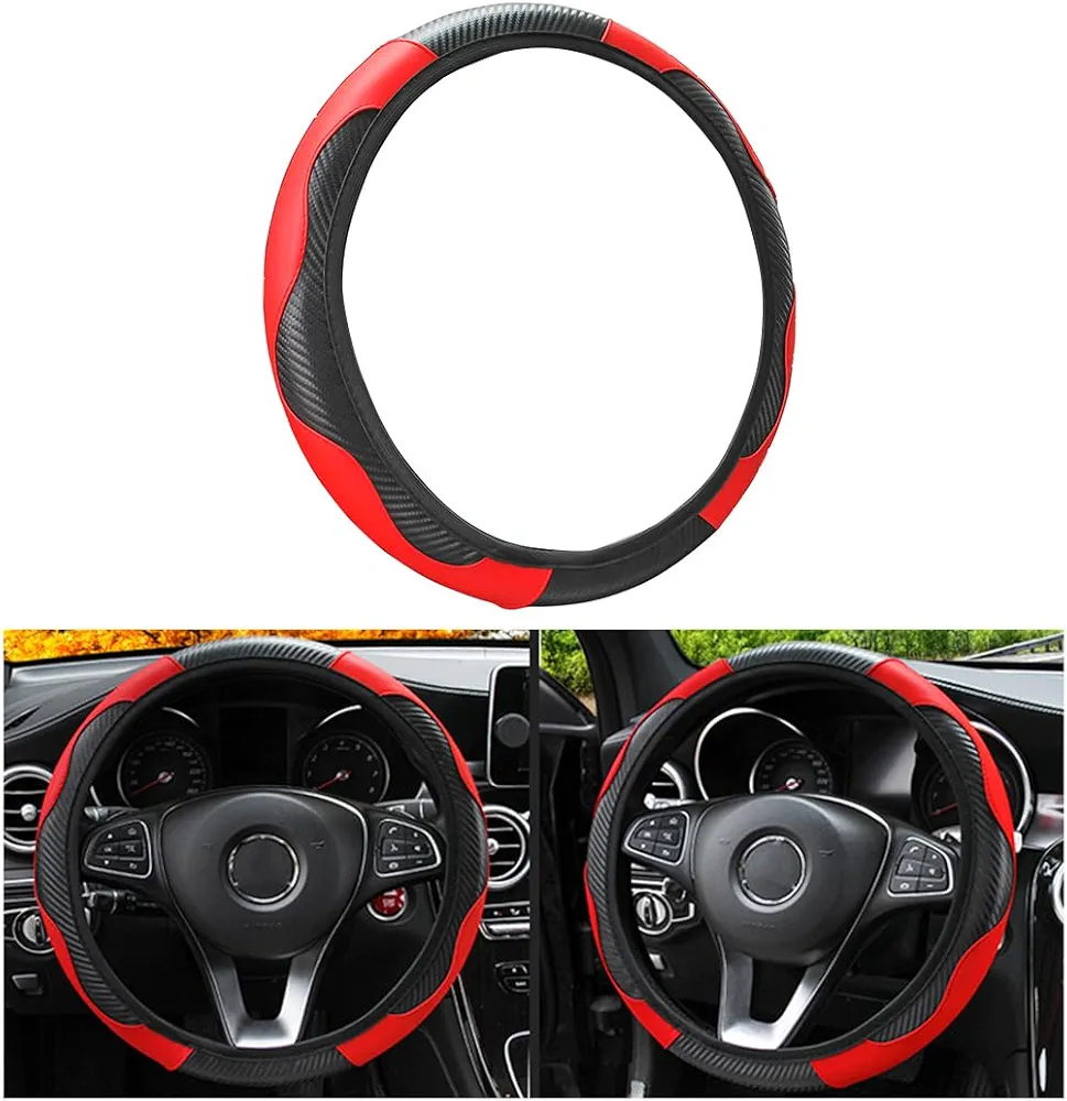 Funda Volante Coche Universal, Funda de Volante de Coche Microfibra, Antideslizante, Transpirable, EláStica, 37-38cm, ProteccióN Volante Coche Colores Patchwork, Accesorios Coches Interior (Rojo)