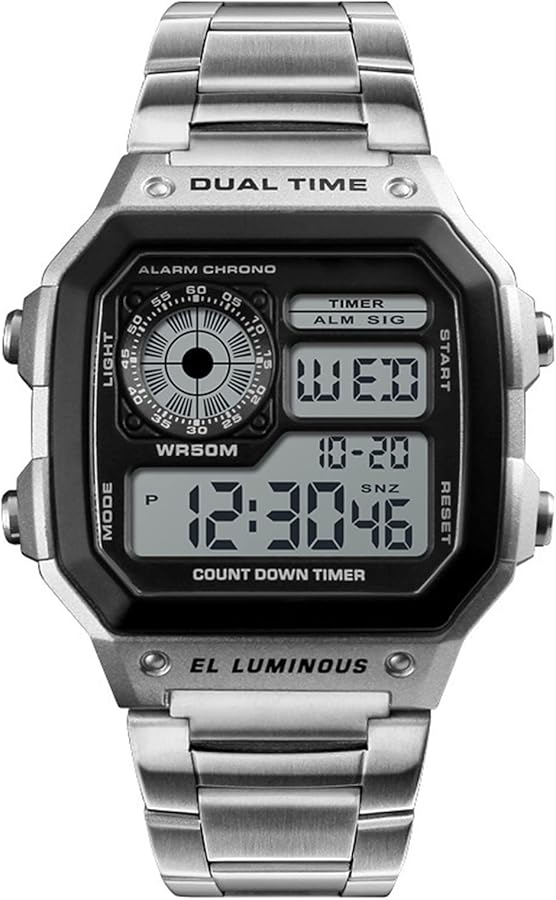 Nicoone Reloj Digital De Cuarzo para Hombre con Correa De Acero Inoxidable Retroiluminada Reloj Deportivo 50M Impermeable Elegante Reloj De Pulsera De Negocios LED