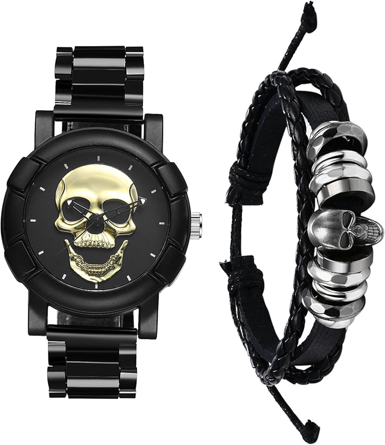 JewelryWe Reloj Pulsera Calavera Hombre: Juego de Pulsera Reloj Cuarzo Analógico Redondo Vintage Steampunk Correas de Acero Inoxidable Extraíble - para Fiesta Ocio Negocios Regalos