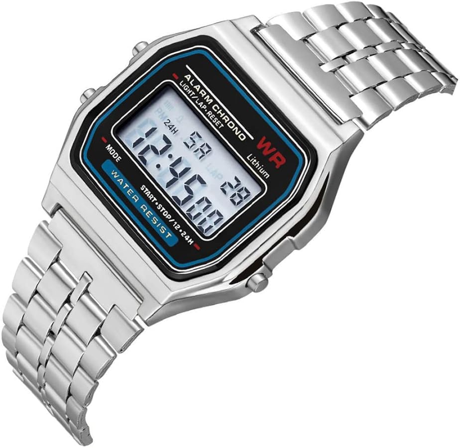 Beito Reloj de Pulsera Digital F91W Reloj electrónico de Negocios Ajustable con Correa de Acero Plateado