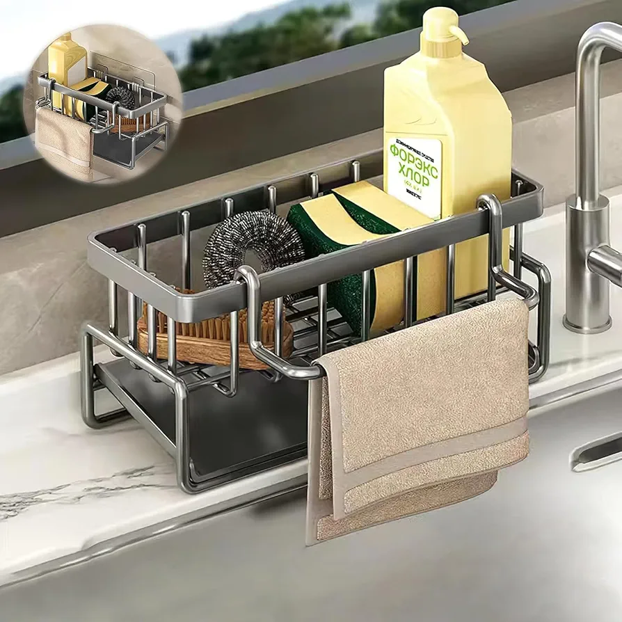 Laitejituan Organizador de fregadero gris, organizador de esponja de cocina con bandeja de drenaje autodrenante, soporte para esponja, organizador de lavabo, soporte para paños de cocina, organizador