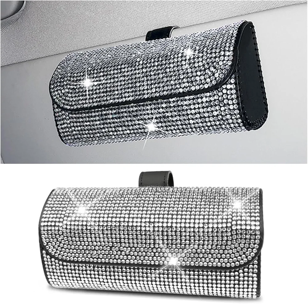 JNNJ Caja Organizadora para Gafas De Sol Coche, Estuche Gafas De Sol De Cristal para Visera Coche, Estuche para Gafas Sol Coche Decorado con Diamantes Imitación, Bling Accesorios Coches(Blanco)