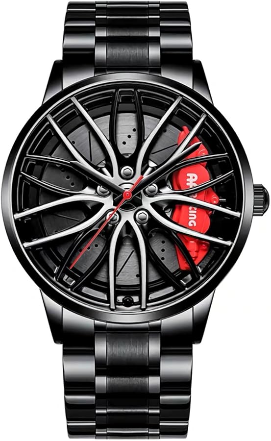 Reloj de Pulsera Creativo para Hombre, Reloj de Pulsera, Reloj Deportivo Resistente al Agua, con Rueda de Coche, de Cuarzo, 3D para Hombre,Correa de Acero Inoxidable