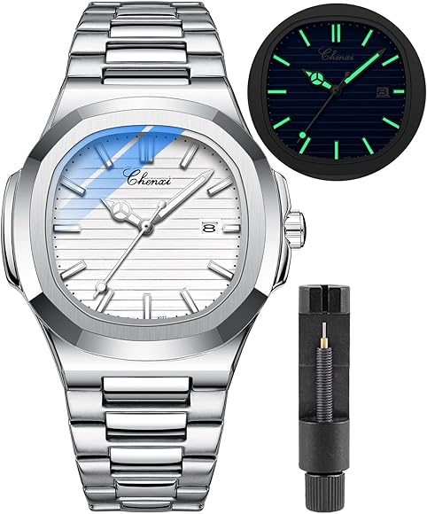 Gosasa Reloj de pulsera masculino de acero inoxidable de lujo de cuarzo luminoso impermeable con pantalla analógica para hombre, B-Blanco, Moda