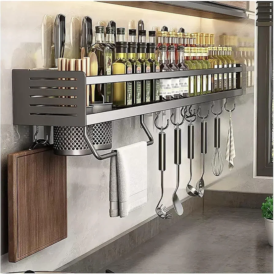 Ganekihedy Especieros para Cocina, Piezas Organizador Especias con Ganchos,Especiero Pared sin Taladrar, Condimentos Estanteria para Cocina Baño y Hogar (60x13x10cm)