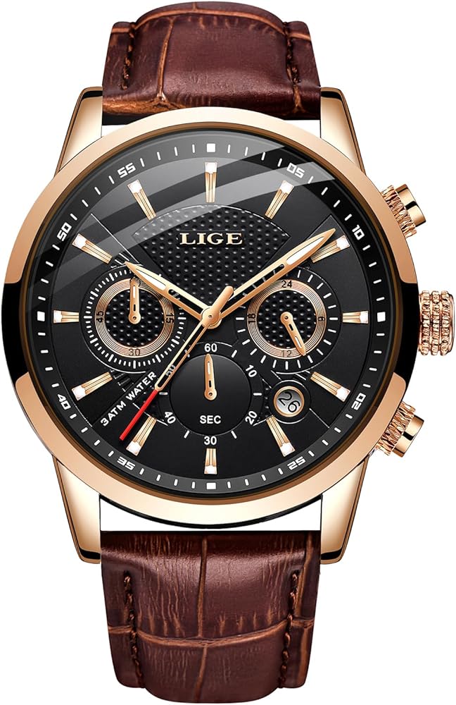 LIGE - Reloj de pulsera para hombre, resistente al agua, de acero inoxidable, elegante, analógico, relojes clásicos de lujo casuales para hombres, esfera negra dorada/cuero correa marrón, regalo para