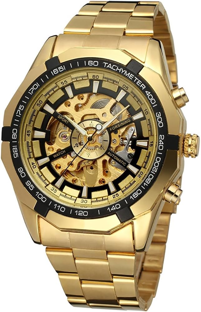 GuTe Reloj de pulsera mecánico automático, dial con diseño de X y mecanismo visible, color dorado y negro