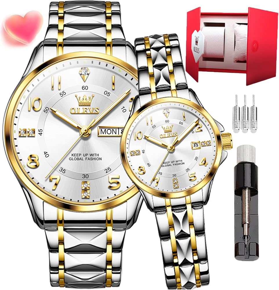 OLEVS Reloj de Cuarzo para Parejas, acero Inoxidable, para Parejas, Boda, expresión romántica, Hombre, día, noche, Calendario, para Hombre y Mujer