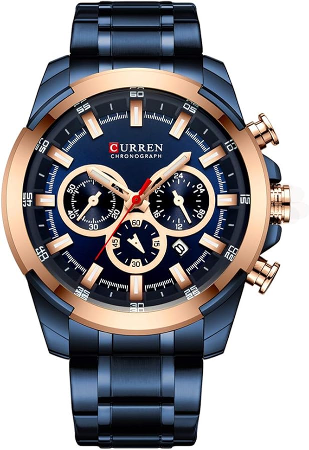 CURREN Reloj de pulsera para hombre con múltiples zonas horarias, visualización de fecha, reloj analógico de acero azul 8361, azul, 22, pulsera