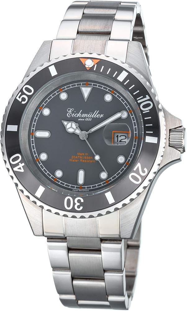 Eichmüller Reloj analógico de acero inoxidable para hombre con indicador de fecha de 200 m, bisel giratorio e índice luminoso, Pulsera