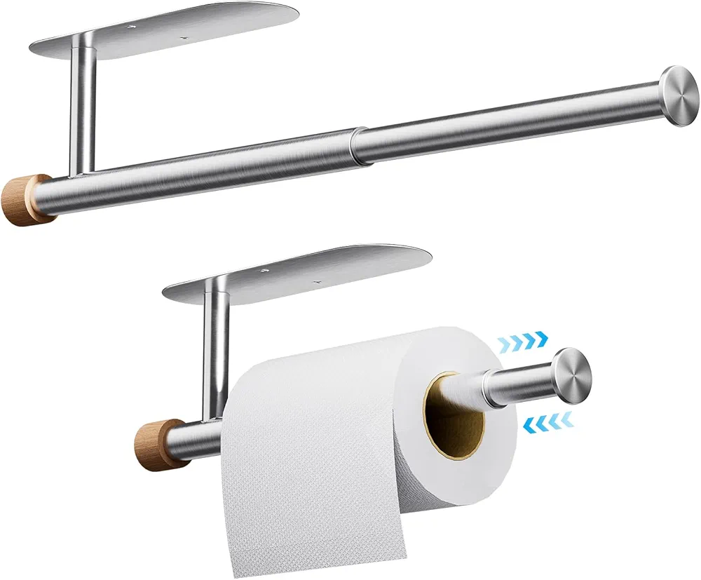Zivacate Portarrollos de Cocina sin taladrar, [Acentos Estéticos de Madera] Soporte Papel Higienico Porta Rollos Papel Cocina Pared Adhesivo o Taladro, Soporte Rollo Papel Cocina(Plata metálica)