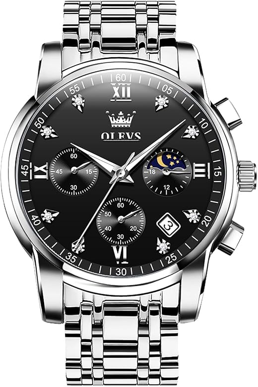 OLEVS Relojes de hombre de acero inoxidable, Reloj de pulsera de cuarzo de lujo para hombre, fecha de diamante resistente al agua Relojes luminosos para hombre, Clásico Elegante Negro/
