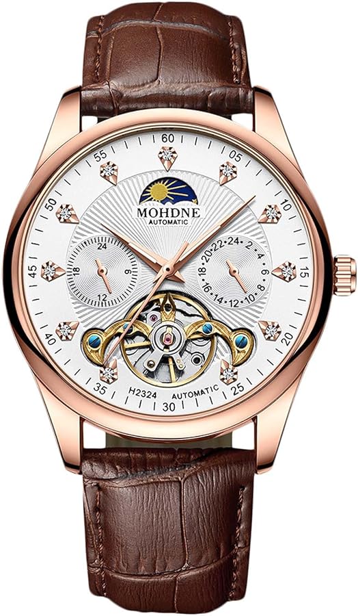 RORIOS Reloj Tourbillon Automático para Hombres Reloj Diamantes Esqueleto Reloj de Pulsera Impermeable Mecánico Reloj Luminoso Fase Lunar Correa de Cuero