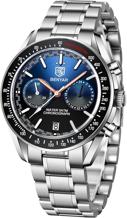 Reloj de Pulsera BENYAR para Hombre, cronógrafo analógico de Cuarzo Correa de Silicona 50 M Reloj de Pulsera Deportivo Resistente al Agua Regalo Elegante