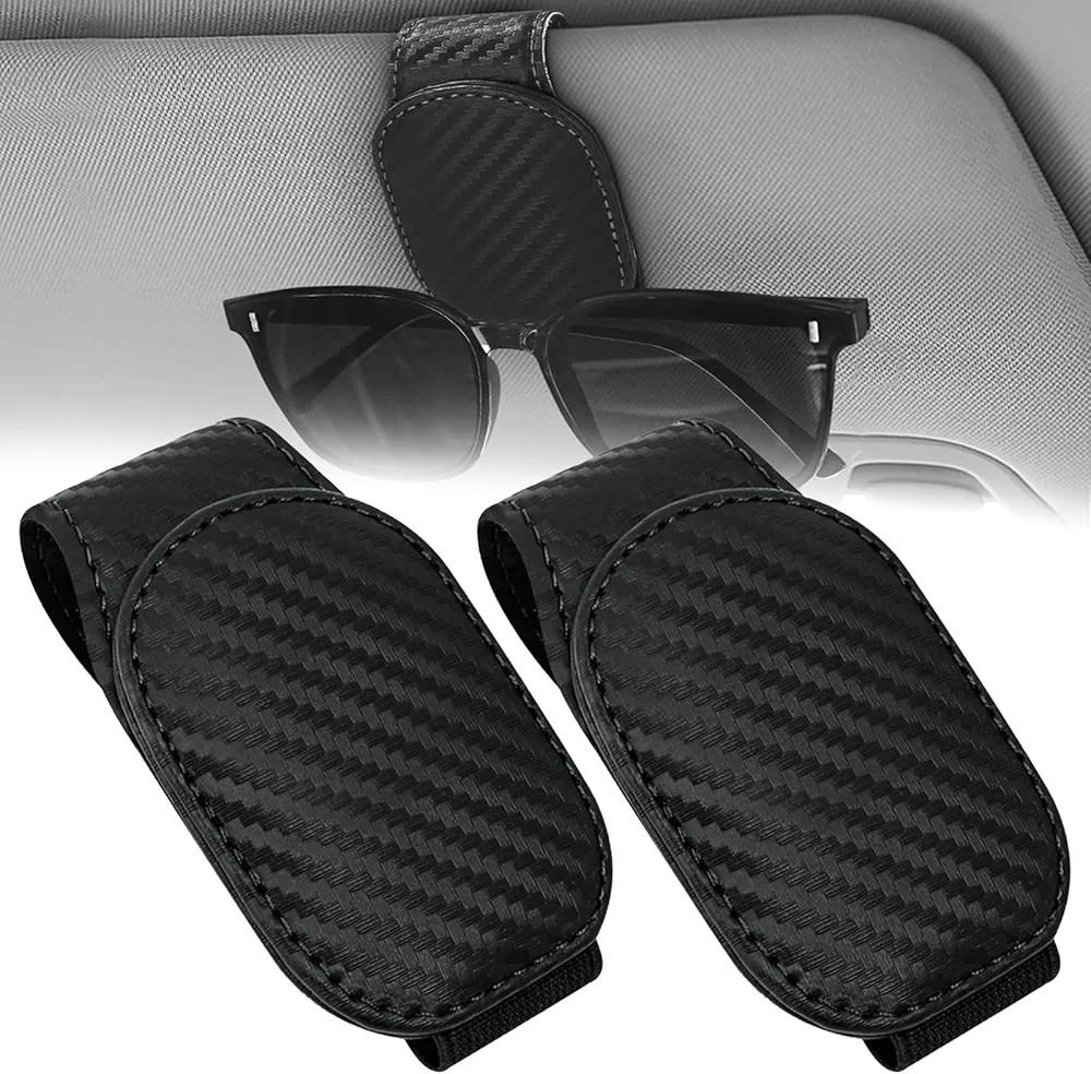 2 Piezas Porta Gafas De Cuero Magnetico Porta Gafas para Coche Porta Gafas para Visera Solar Soporte De Cuero para Gafas De Sol para Accesorios De Visera De Automóvil (Textura De Fibra De Carbono)