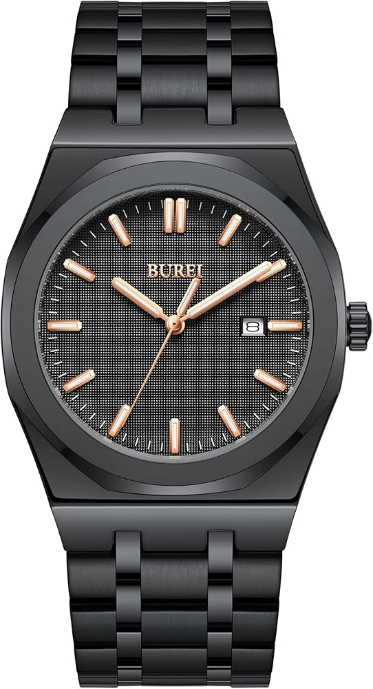 BUREI Reloj de pulsera minimalista de cuarzo para hombre, de acero inoxidable, impermeable, para hombre, Negro Rosado, Classic