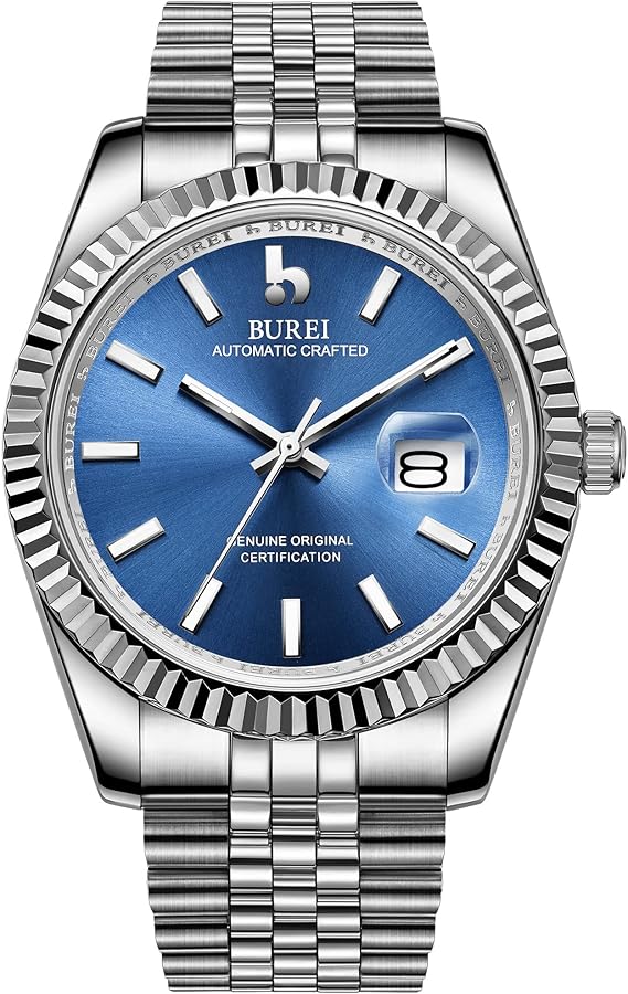 BUREI Relojes automáticos para Hombres con Ventana de Fecha, Lente de Zafiro sintético y Banda de Acero Inoxidable