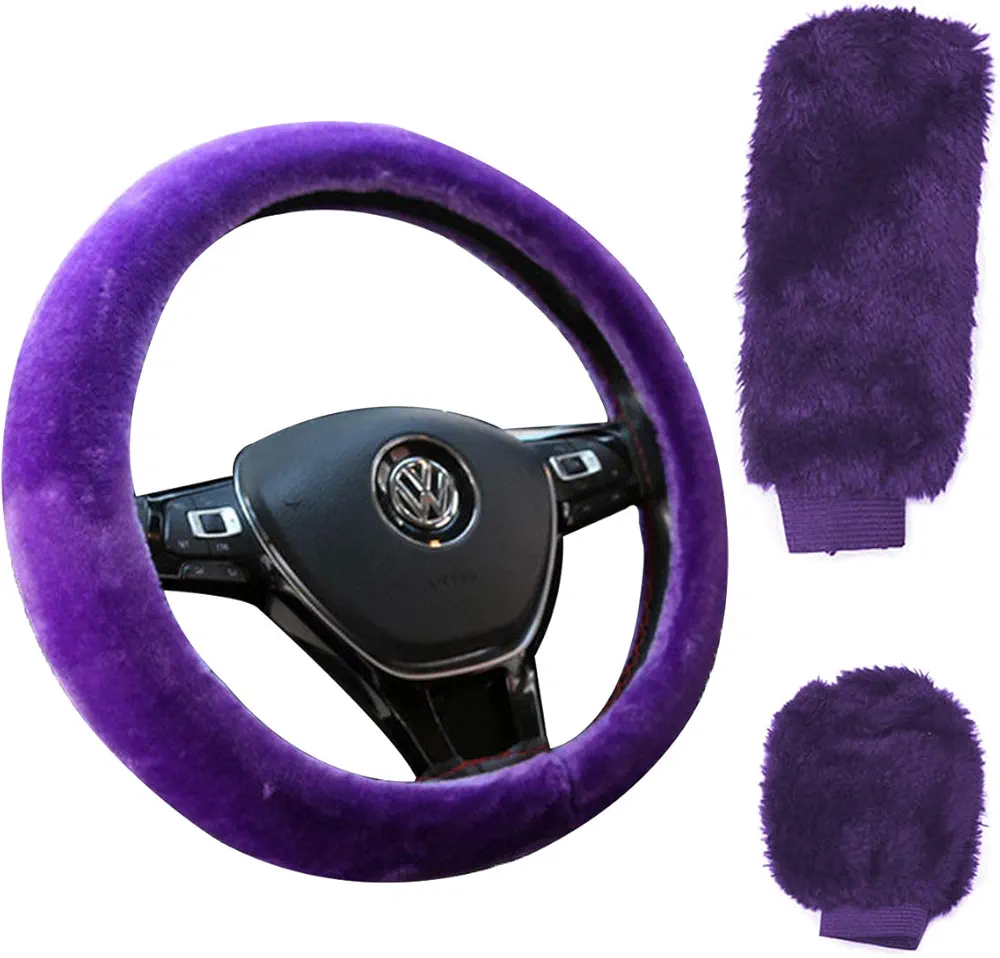 Funda Volante Coche Universal,DBAILY 3 Piezas Fundas para Volante de Coche Fundas de Volante de Coche Mullidas con Cubierta de Freno de Mano y Cubierta de Cambio de Marchas（37-39cm） (púrpura)