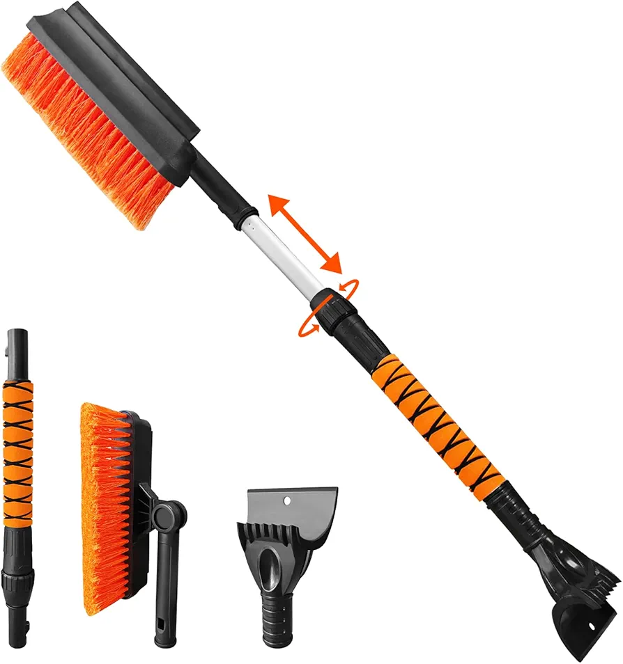 Yeelan Rascador de hielo para coche con escoba, rascador de hielo con mango ergonómico de espuma, 65-80 cm, batidor retráctil largo, accesorio de coche para habitaciones de nieve, palas de hielo,