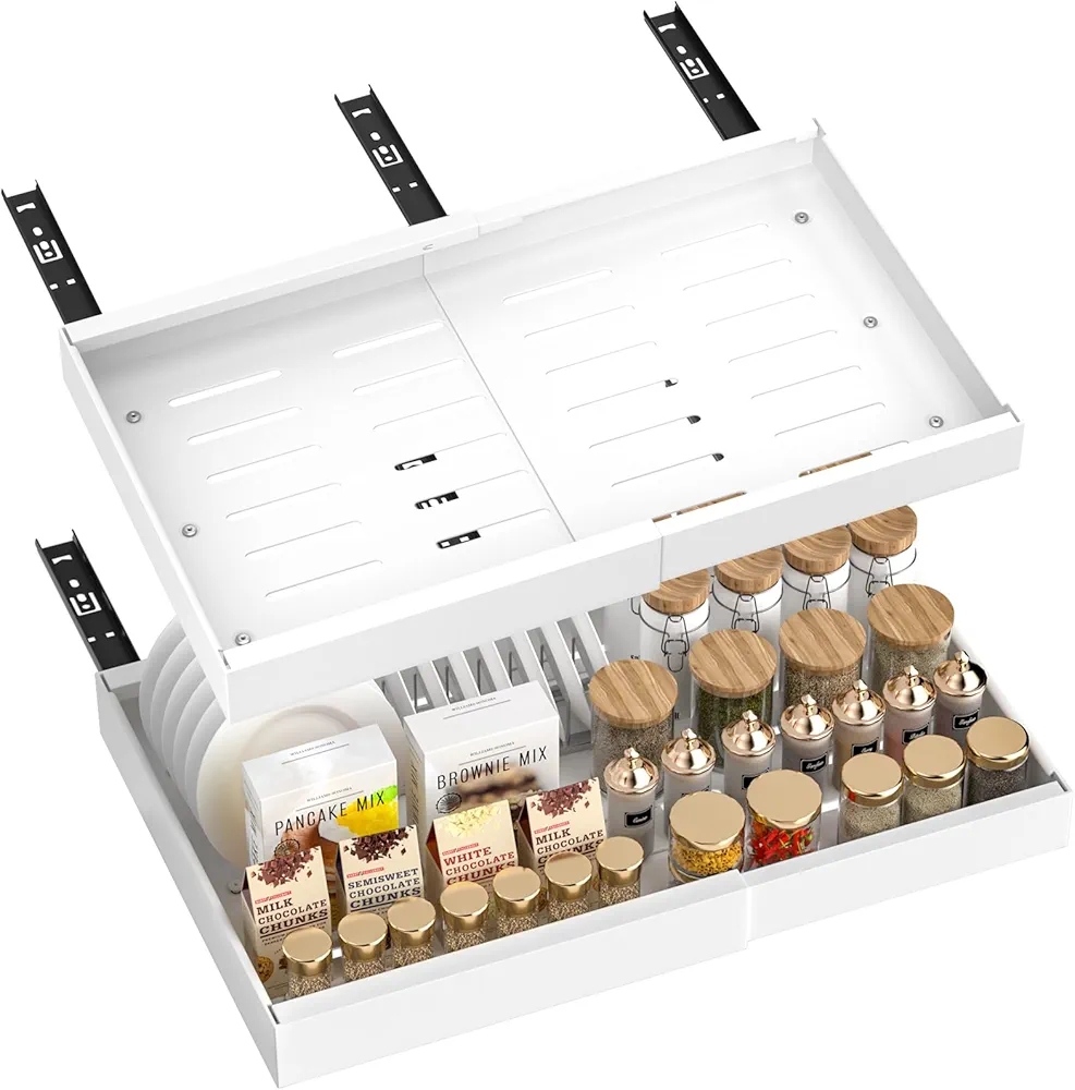 BLYLUND Cajón telescópico, organizador de armario ajustable sin necesidad de taladrar, cajón extensible de cocina para pegar, organizador de armario de cocina extensible, sin agujeros, cajón