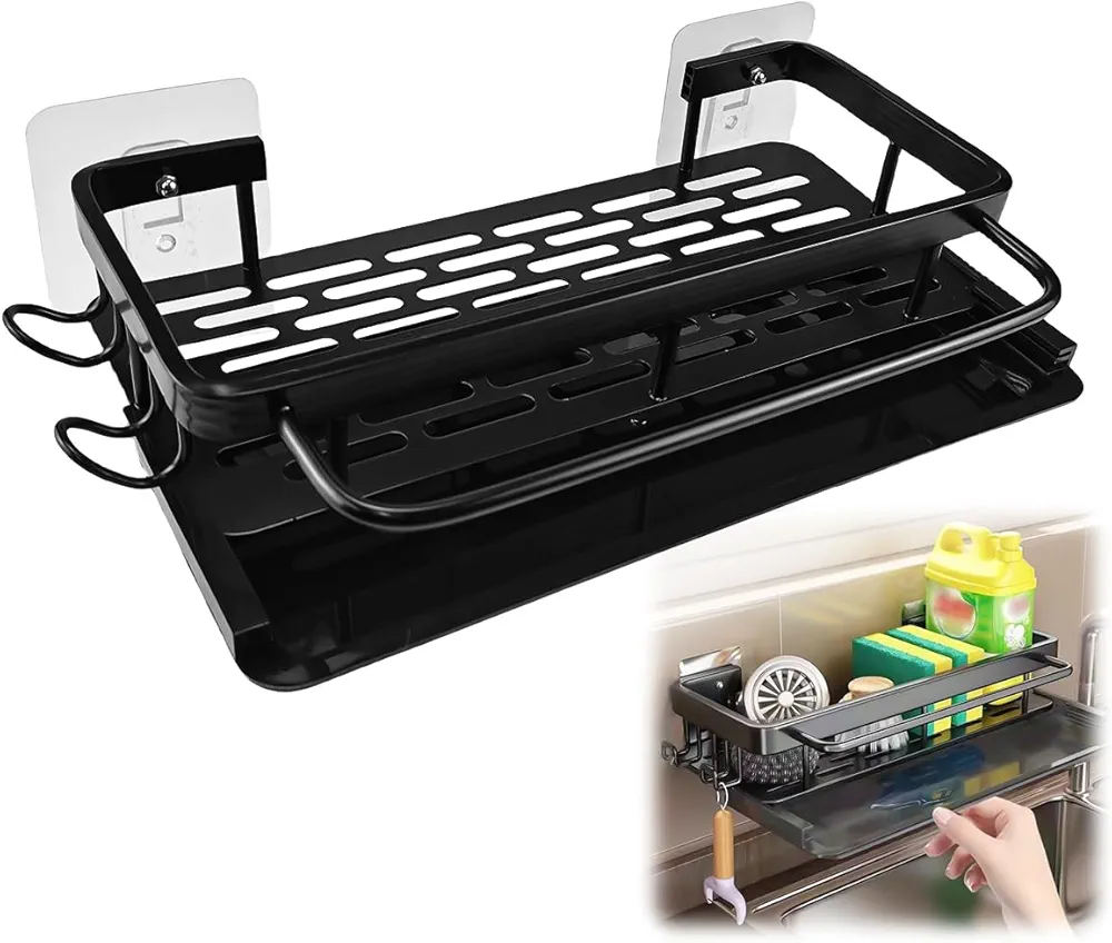 Cragmut Organizador Fregadero Cocina Multifuncional Kit, Sin Taladrar Soporte Esponja Fregadero, Autoadhesivo Porta Estropajos, con Bandeja Toallero y Soporte de Paño y Ganchos, para Cocina, Baño