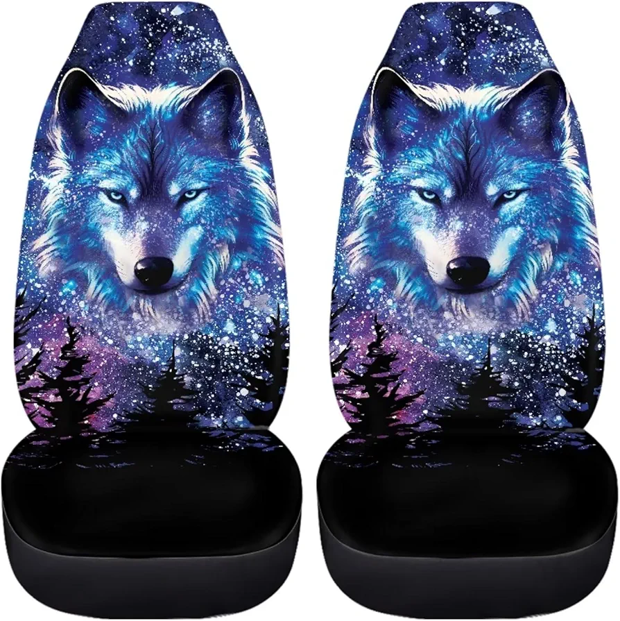 chaqlin Fundas de asiento de coche para hombre, diseño de lobo y galaxia, juego completo de 2 piezas, protector de asiento delantero de automóvil, manta de asiento de vehículo, accesorios interiores