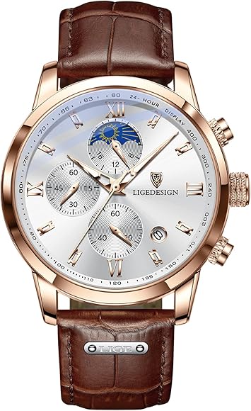 LIGE - Reloj para hombre, impermeable, 30 m, analógico, cuarzo, cronógrafo, reloj elegante, para hombre de negocios, vestir, esfera de acero inoxidable, reloj para hombre, pulsera de cuero, regalo