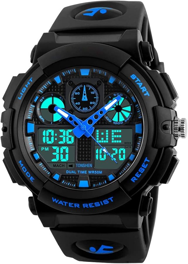 TONSHEN Relojes de Pulsera Hombre Digitales Impermeable 50M Resistente Agua Multifuncional Analógico Cuarzo Outdoor Deportivos Militares Táctica Plástico Bisel Y Correa Goma Reloj - Azul