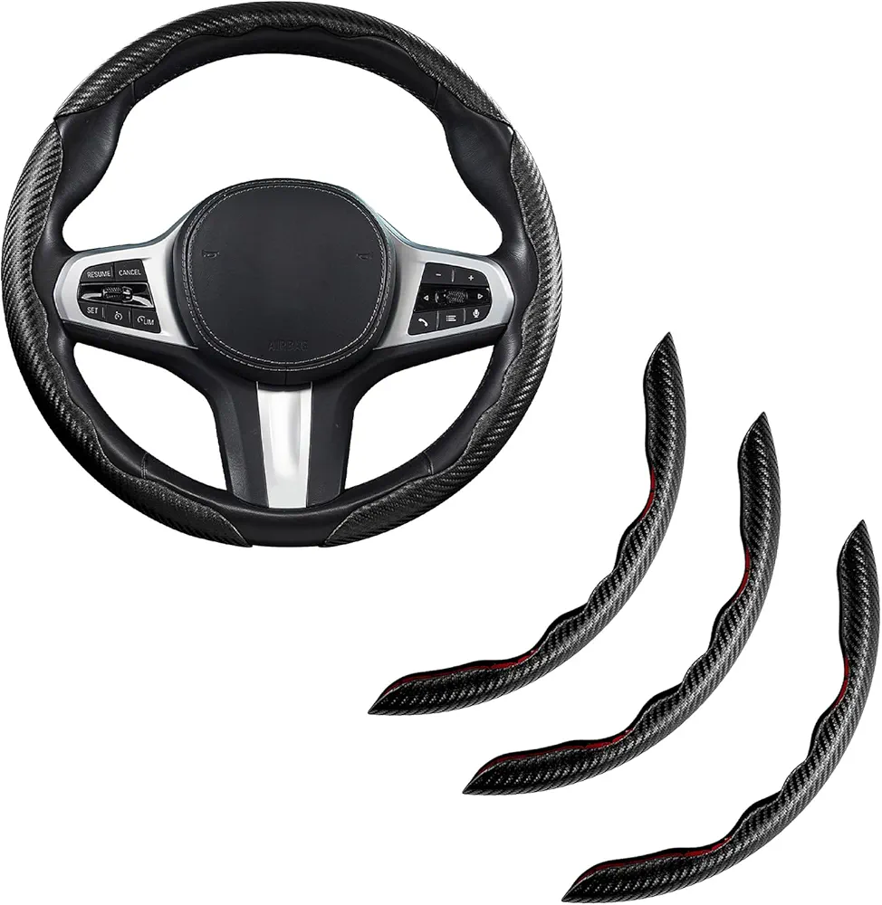 Juego de 3 fundas de fibra de carbono para volante de automóvil, accesorios antideslizantes para volante de 14.5-15 pulgadas, universal (negro mate)