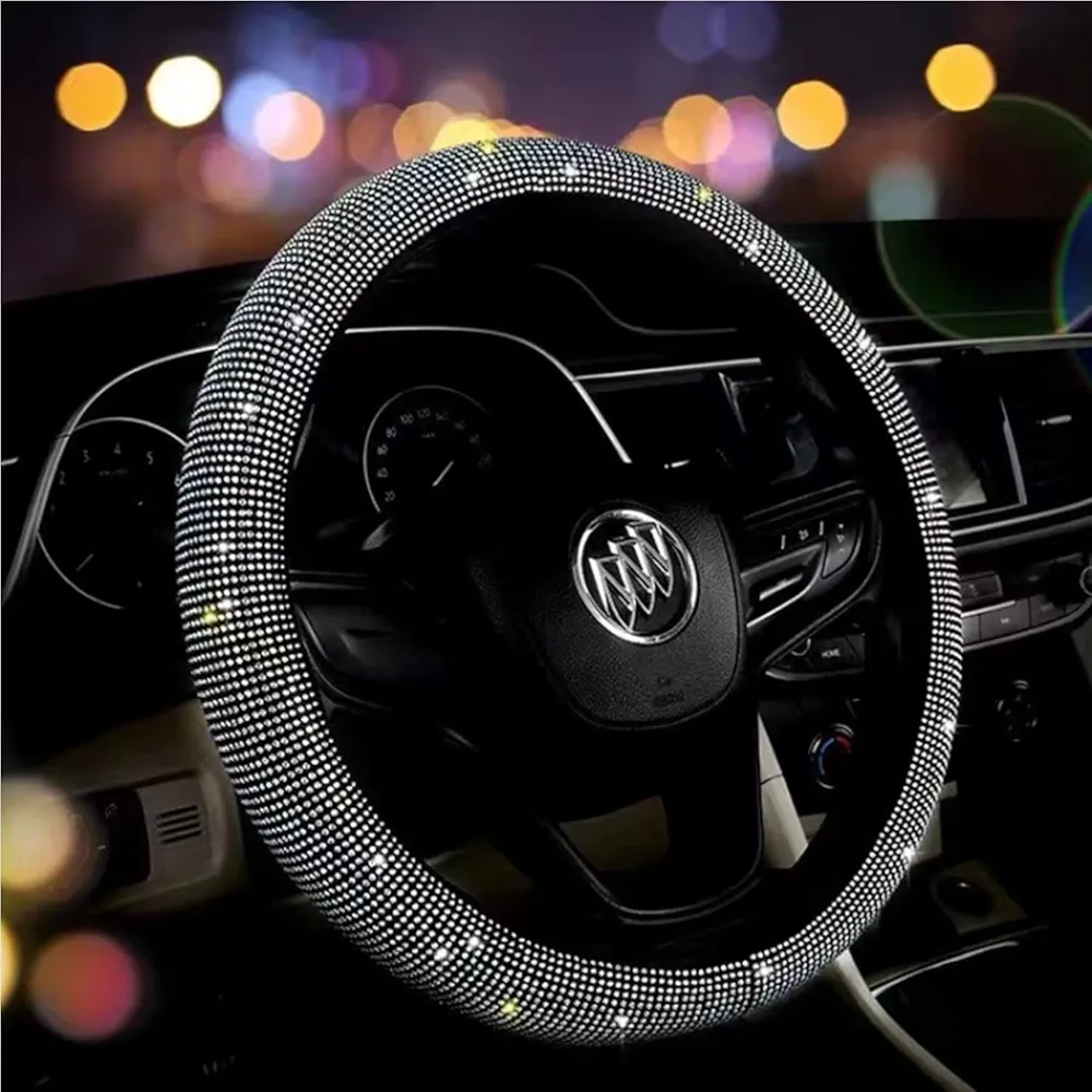 Funda Volante Coche,38 cm Funda Volante Coche con Diamantes de Imitación Brillantes de Cristal Funda Universal Antideslizante para Volante de Coche Funda Elástica para Volante Brillante para Mujeres