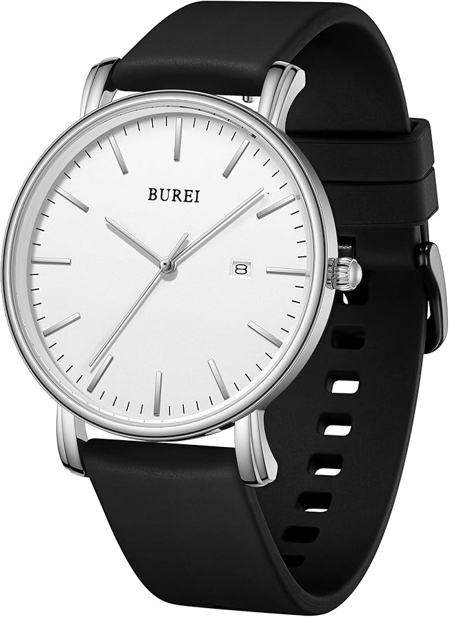 BUREI Relojes de pulsera para hombre de moda, minimalista, analógico, silicona, cuarzo, resistente al agua, relojes para hombres, plateado/negro, Minimalista