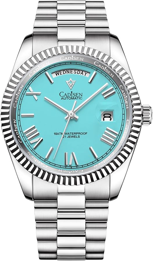 CADISEN Reloj Automático Hombres Reloj Automático Mecánico Cristal De Zafiro Y Pulsera De Acero Inoxidable Reloj.., azul claro, Pulsera