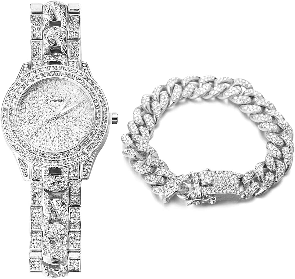 HALUKAKAH Diamante Reloj de Oro Hombres,Chapado en Oro Real de 18k/Platino Plateado en Oro Blanco Pulsera Cuarzo Banda Cadena Cubana 24cm,con Cubana Pulsera 18cm + Collar 45cm,Diamante Laboratorios