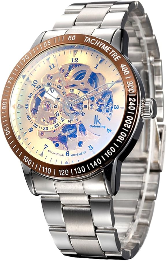 Alienwork IK Reloj Automático Hombre Mujer Plateado Pulsera de Metal Acero Oro Esqueleto Fondo de Vidrio